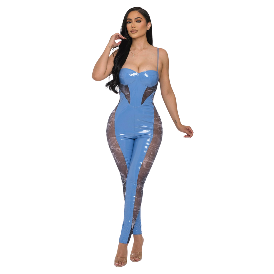 Sandie latex Features Padded Bra Side mesh Stretch Jumpsuit womenswear