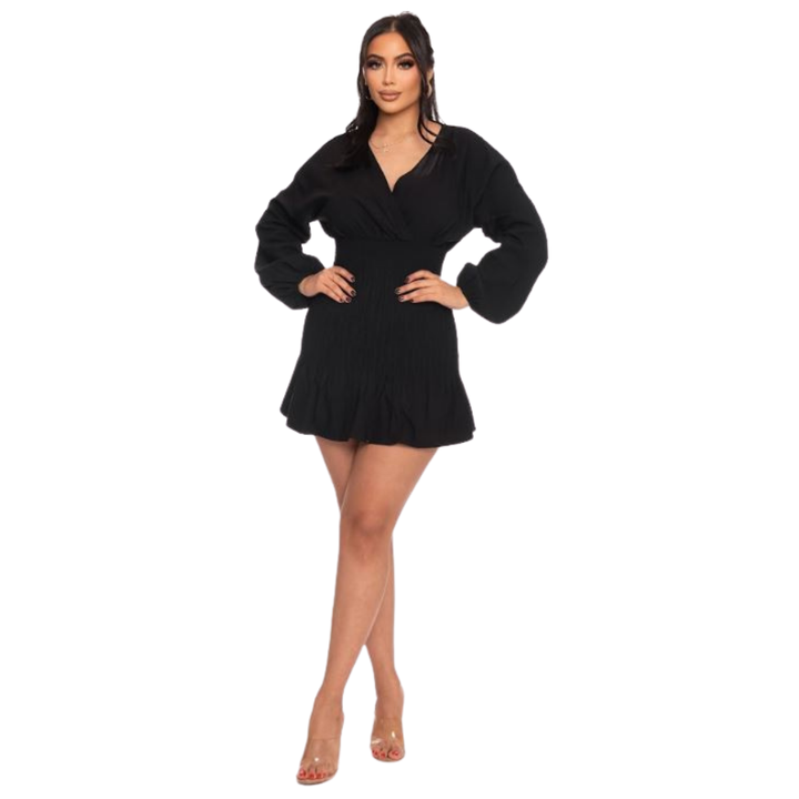 Mirtha Rushed V-Neckline Long Puff Sleeves Mini Dress