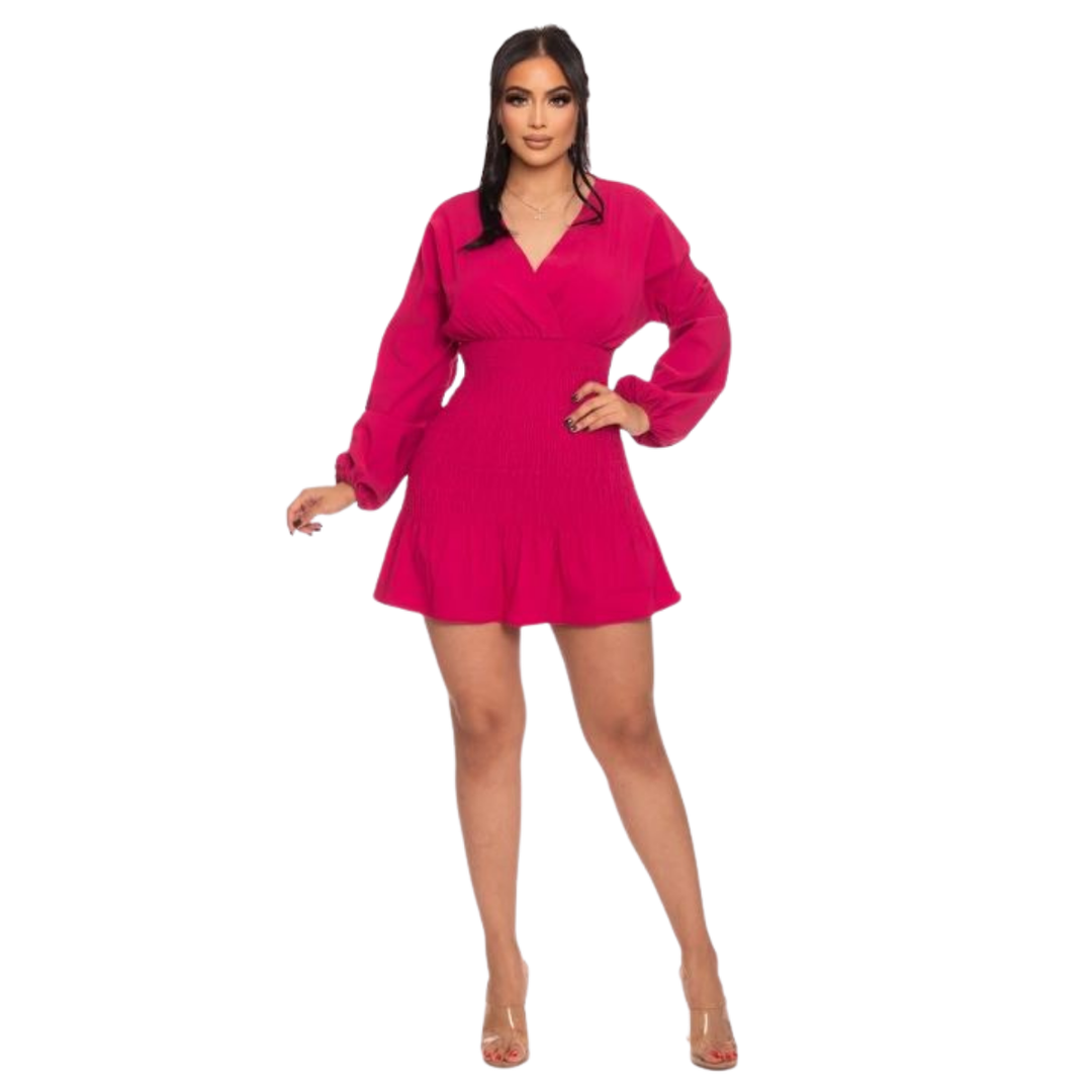 Mirtha Rushed V-Neckline Long Puff Sleeves Mini Dress