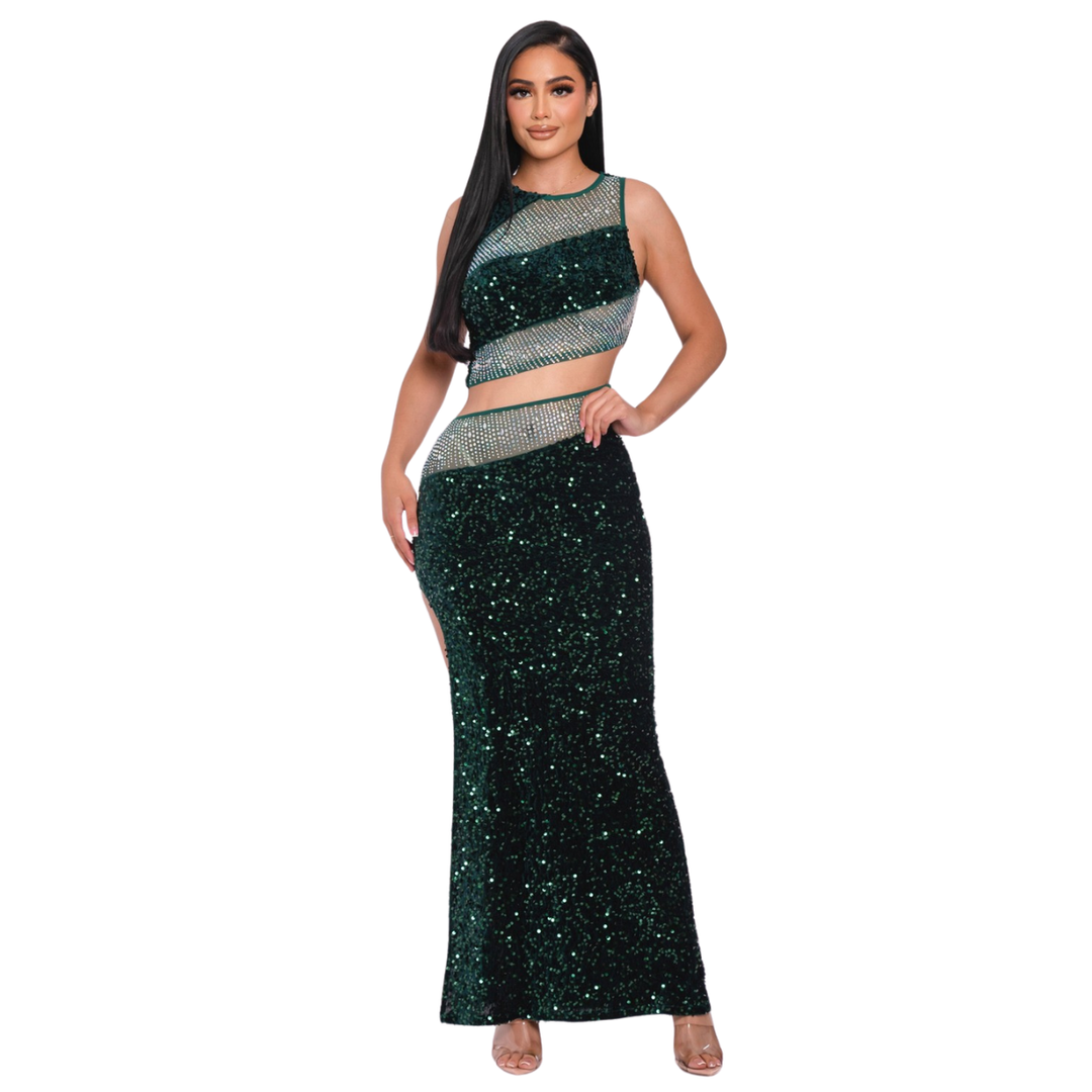 Laura Sequin 2pcs Top & Skirt Set-Hunter Green