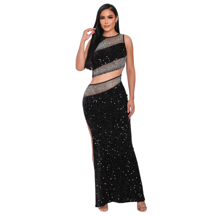 Laura Sequin 2pcs Top & Skirt Set-Black