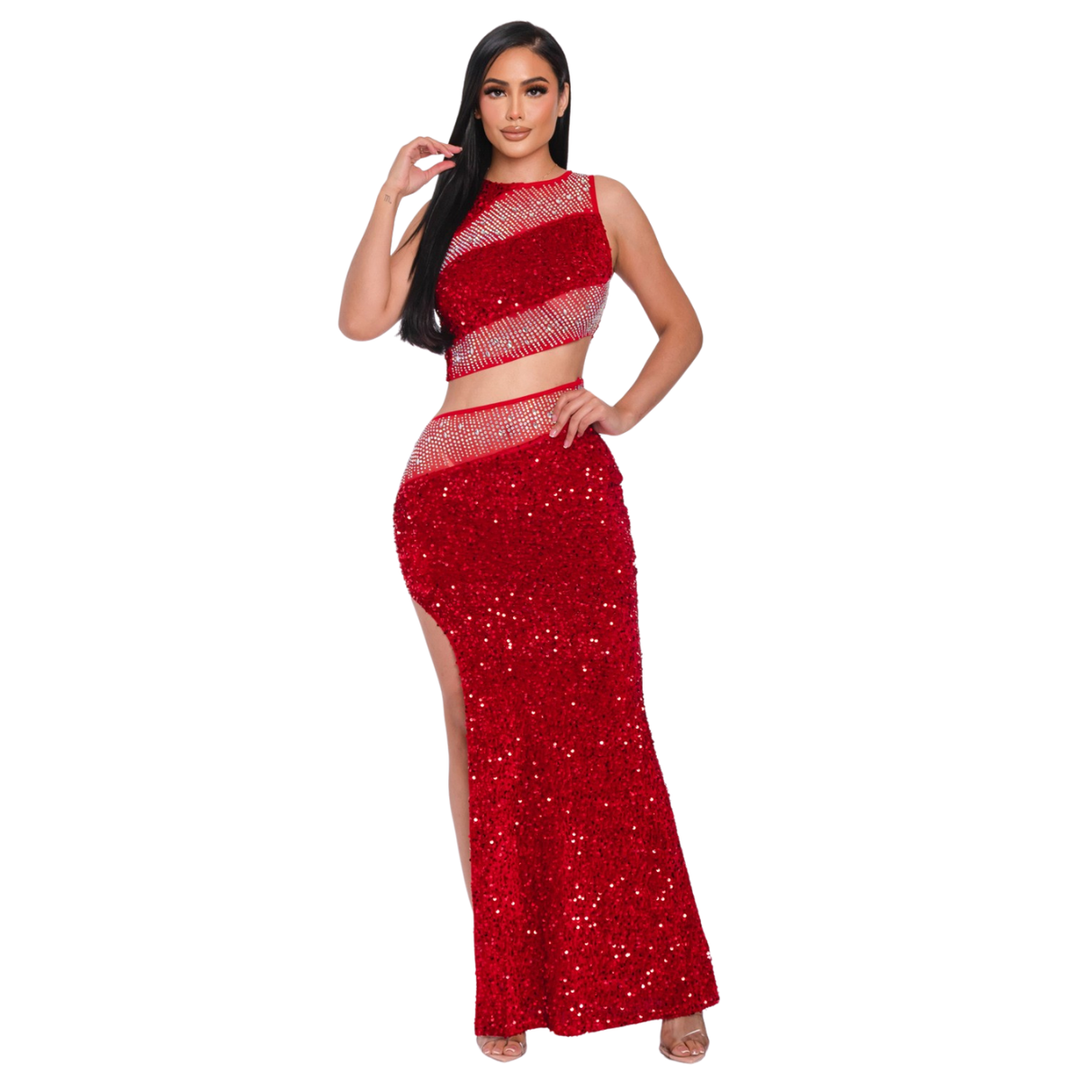 Laura Sequin 2pcs Top & Skirt Set-Red