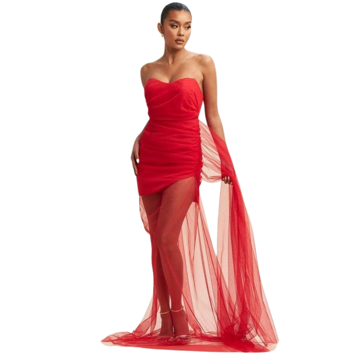 Lora Mesh maxi Dress-Red