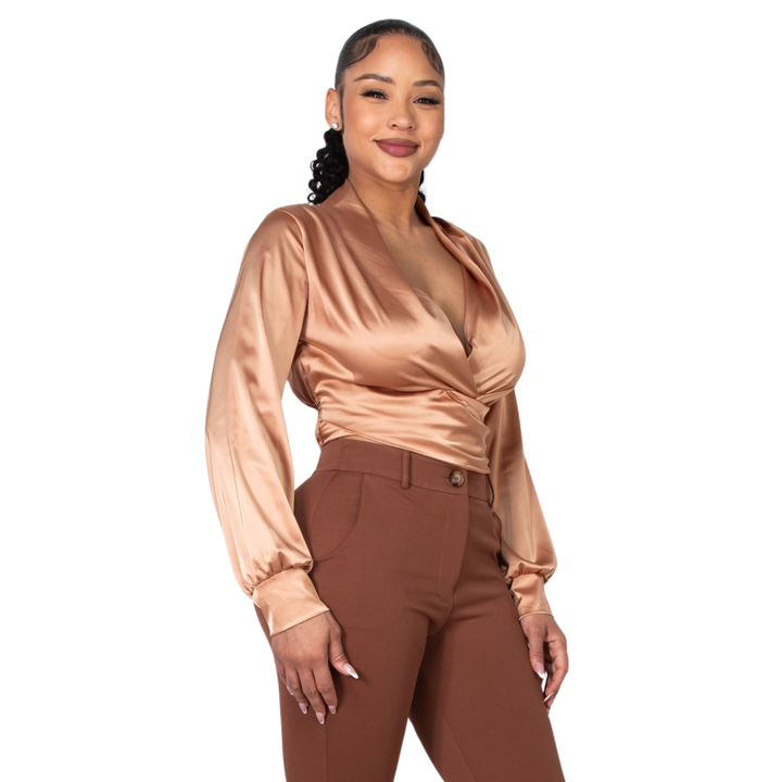 Mya Satin Long sleeves Deep V-Neck Crop Top womenswear