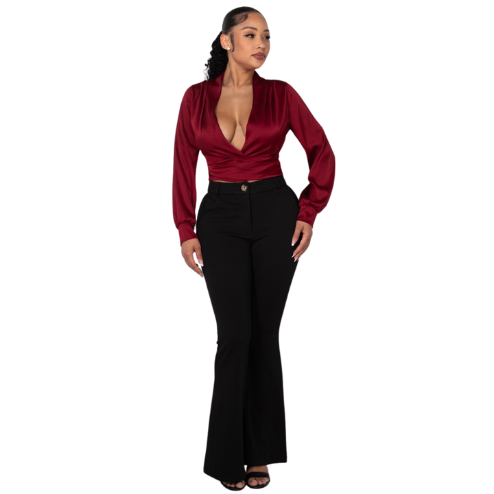 Mya Satin Long sleeves Deep V-Neck Crop Top womenswear