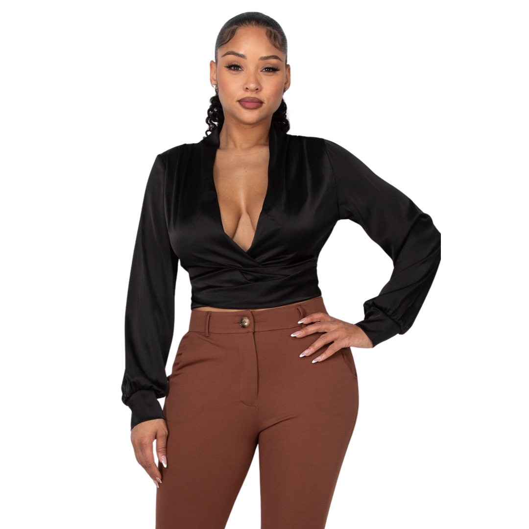 Mya Satin Long sleeves Deep V-Neck Crop Top womenswear