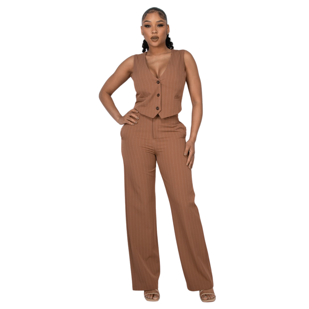 Lidia High-Rise Striped Velour Wide Pants and Buttoned Crop Top Set