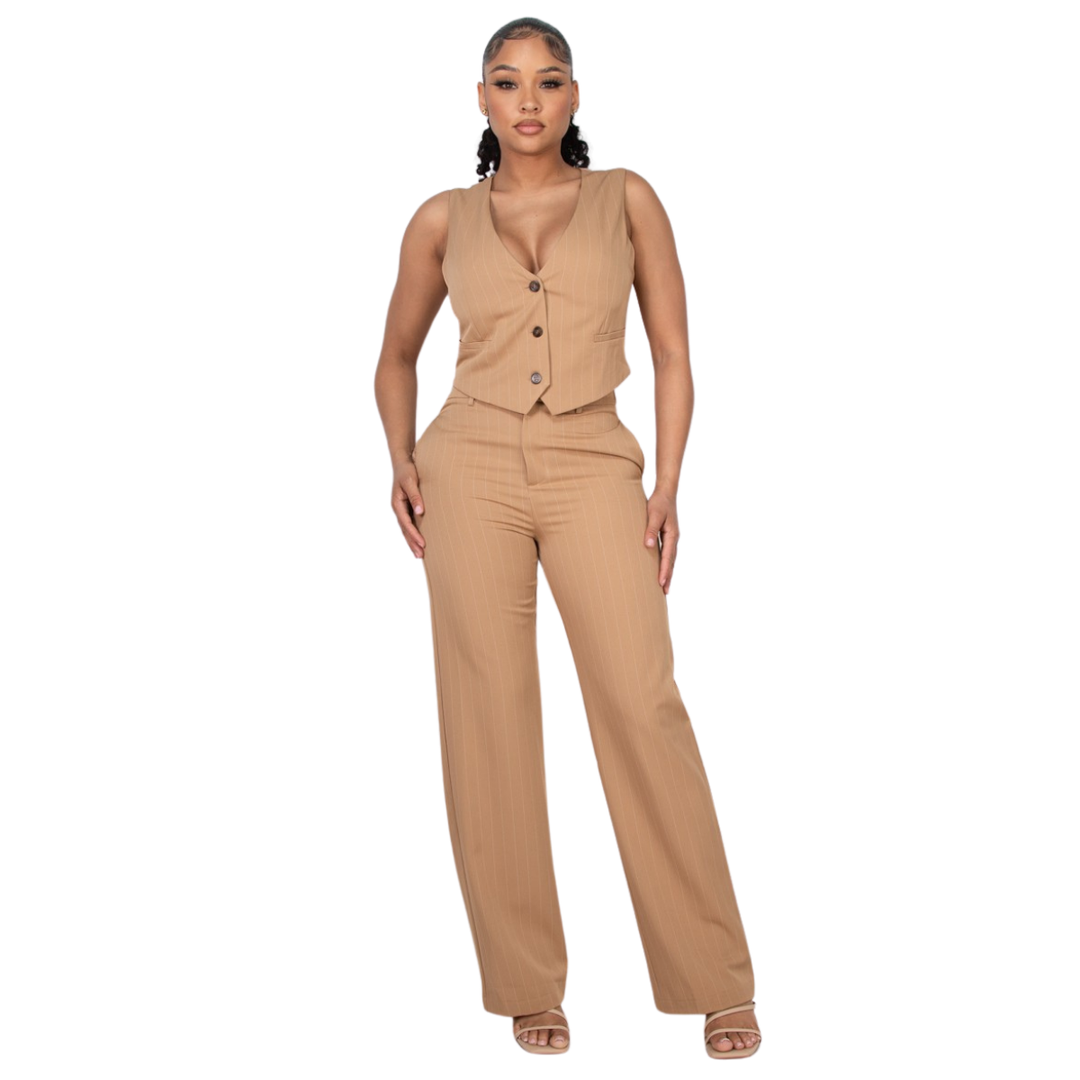 Lidia High-Rise Striped Velour Wide Pants and Buttoned Crop Top Set