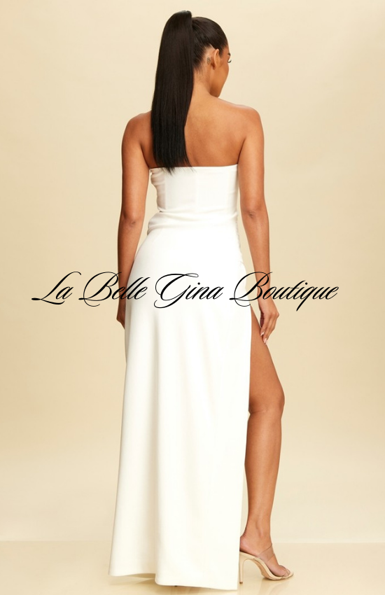 La Belle Embellished Wide Slit maxi Dress-White