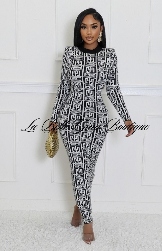 Gina Stretch Long Sleeves Open Back Maxi Dress-Black/White