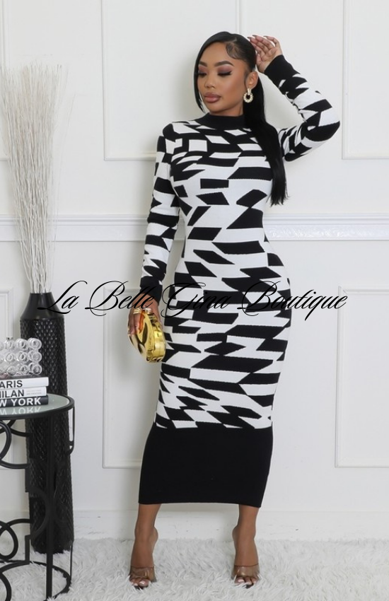 Jaynelle Stretch Round Neck Long Sleeves maxi Dress-Black/White