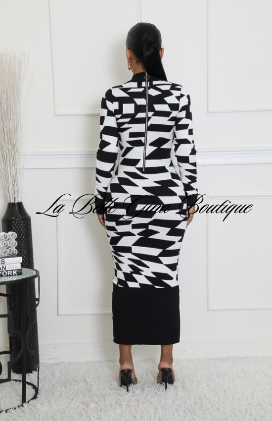 Jaynelle Stretch Round Neck Long Sleeves maxi Dress-Black/White