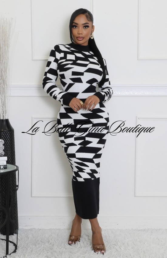 Jaynelle Stretch Round Neck Long Sleeves maxi Dress-Black/White