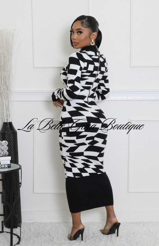 Jaynelle Stretch Round Neck Long Sleeves maxi Dress-Black/White