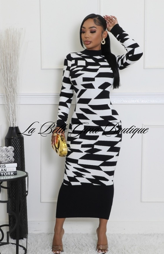 Jaynelle Stretch Round Neck Long Sleeves maxi Dress-Black/White