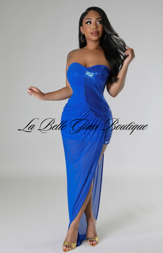 Ernithe Semi-Stretch Tube Sweetheart Sequin Mesh Dress-Royal Blue