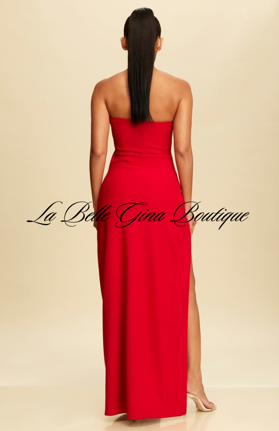 La Belle Embellished Wide Slit Maxi Dress- Red