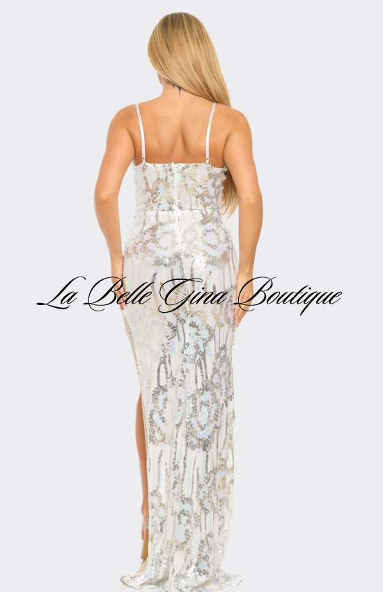 Laura Sequin Sleeveless V-Neck Maxi Dress-White