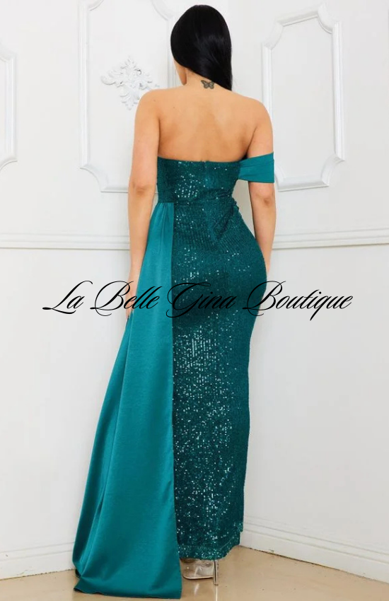 Claudia Satin and Sequin Off Shoulder Maxi dress