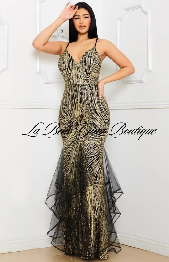 Lidia Glued Glitter Swirl Sleeveless Maxi Dress-Gold