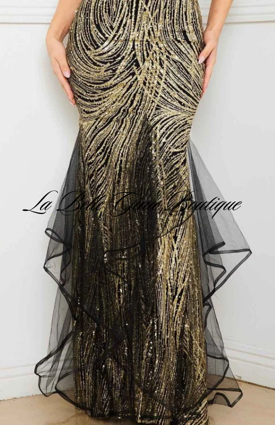 Lidia Glued Glitter Swirl Sleeveless Maxi Dress-Gold