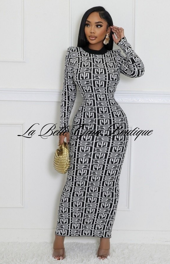 Gina Stretch Long Sleeves Open Back Maxi Dress-Black/White