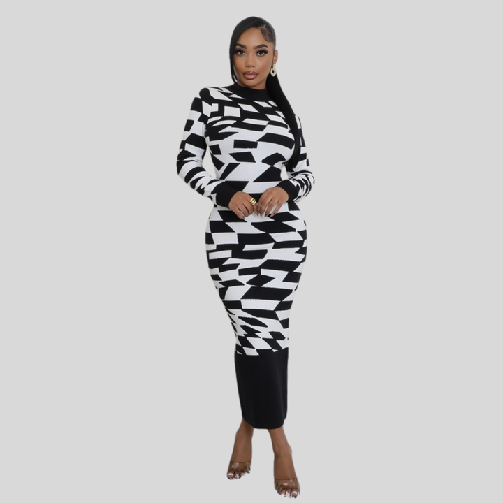 Jaynelle Stretch Round Neck Long Sleeves maxi Dress-Black/White