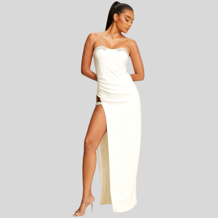 La Belle Embellished Wide Slit maxi Dress-White