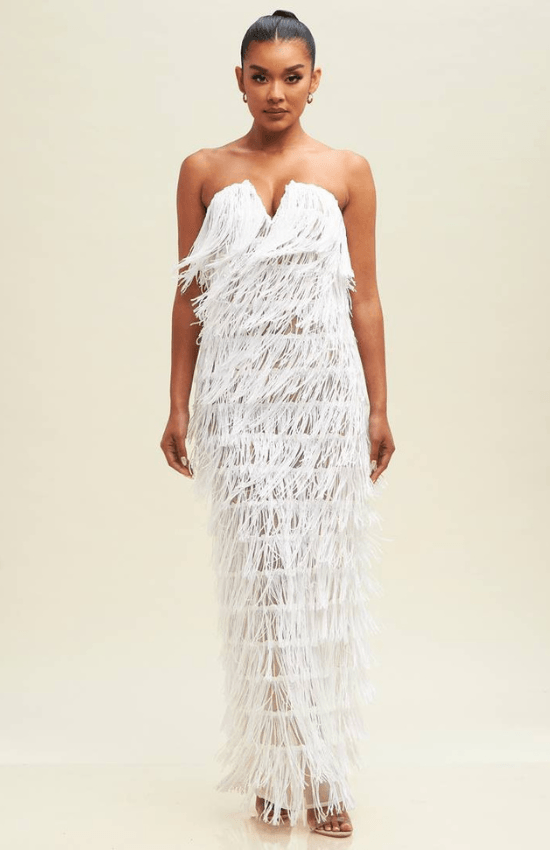 Gina Sequin Strapless V-Neck Fringe Maxi Dress-White