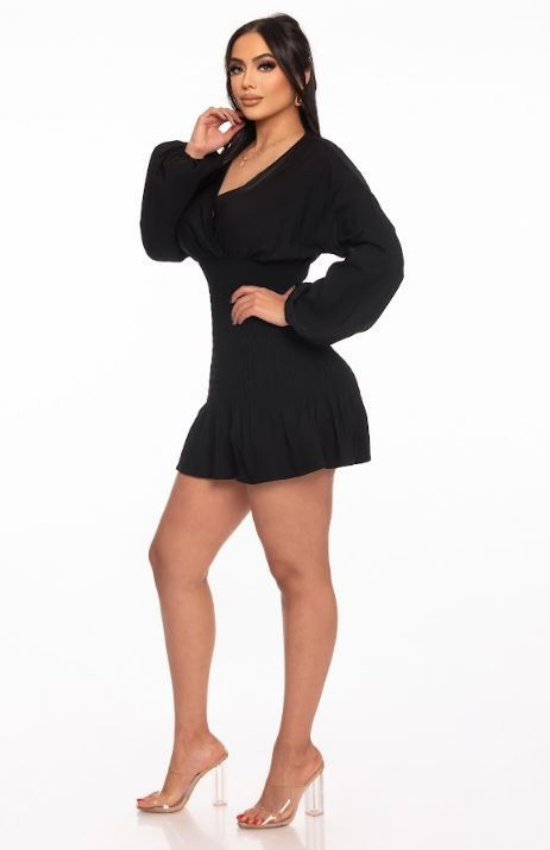 Mirtha Rushed V-Neckline Long Puff Sleeves Mini Dress