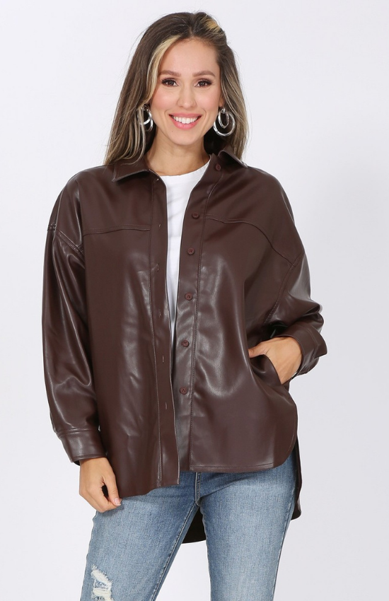 Marthe Faux Leather Long Sleeve Front button Jacket