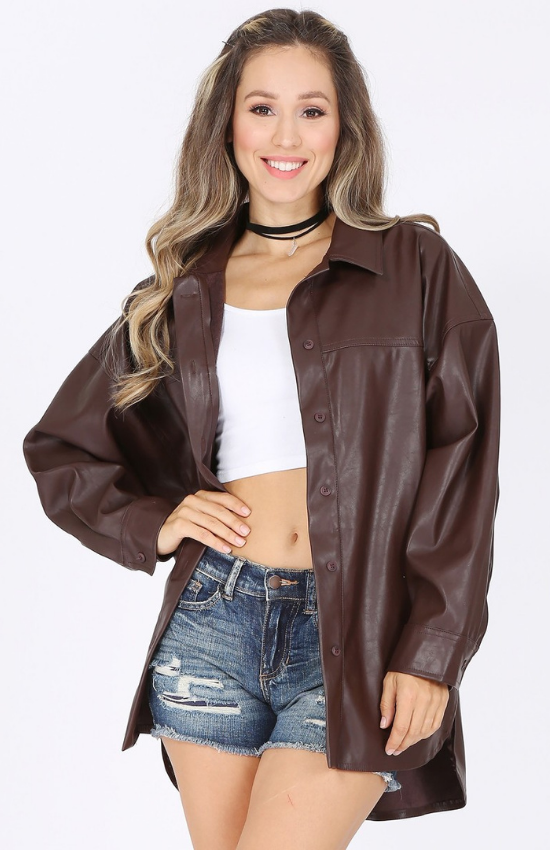 Marthe Faux Leather Long Sleeve Front button Jacket