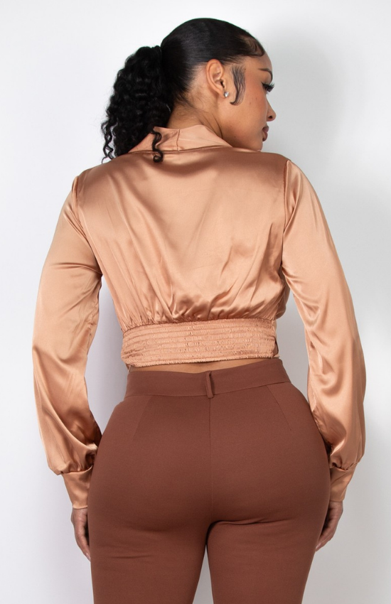 Mya Satin Long sleeves Deep V-Neck Crop Top womenswear