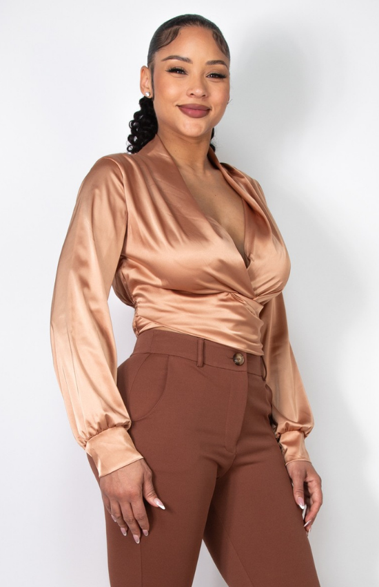 Mya Satin Long sleeves Deep V-Neck Crop Top womenswear