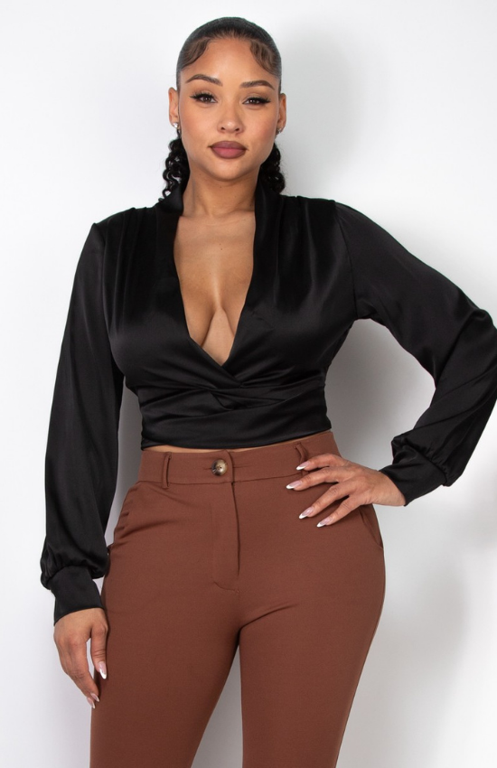 Mya Satin Long sleeves Deep V-Neck Crop Top womenswear