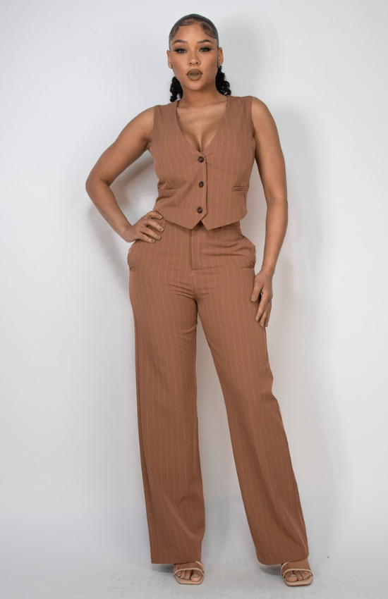 Lidia High-Rise Striped Velour Wide Pants and Buttoned Crop Top Set