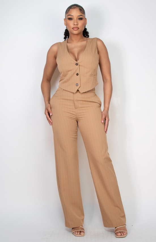 Lidia High-Rise Striped Velour Wide Pants and Buttoned Crop Top Set