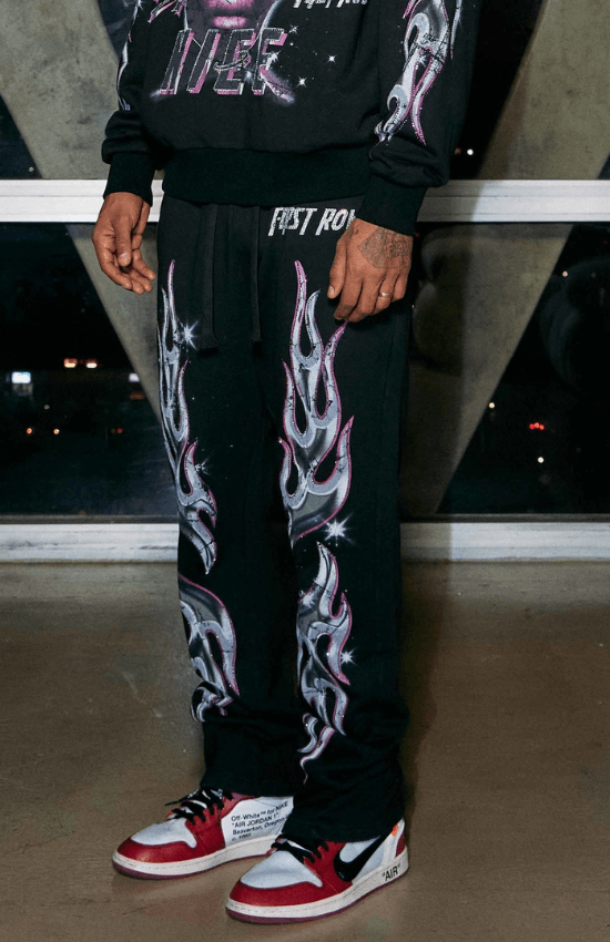 Daniel Flare Fit First Row Washing Sweatpants With Primium Prints And Rhinestone - La Belle Gina Boutique