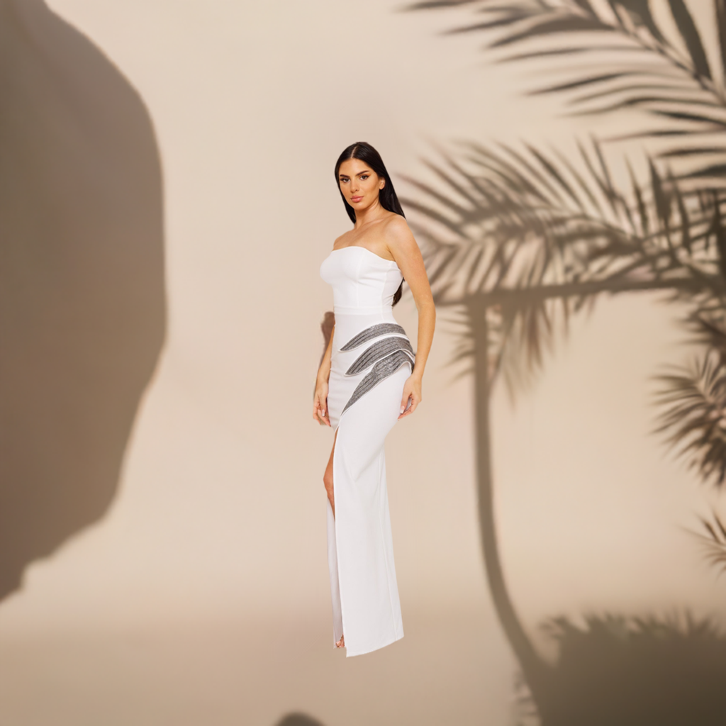 Safira Rhinestone Side Detailed Tube Top Maxi Dress-Ivory