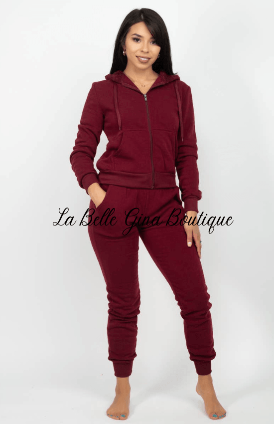 June Fleece zip Up Fur Trim Hood Sweatsuit - La Belle Gina Boutique
