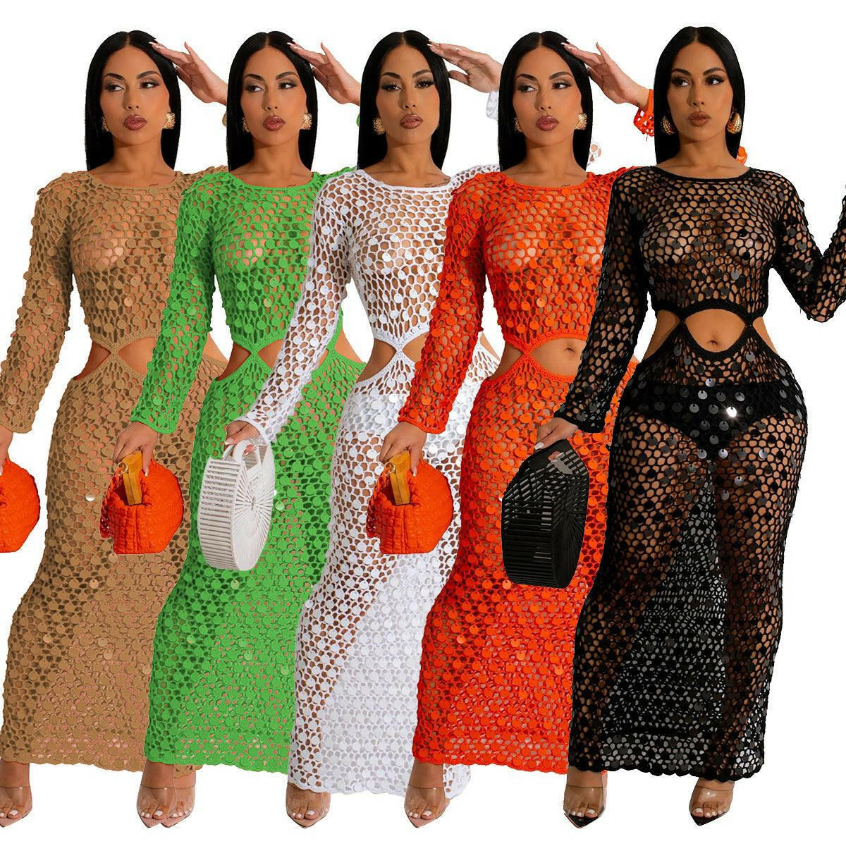 June Knitting Casual Cut-out Sequin Beach Dress-Black - La Belle Gina Boutique