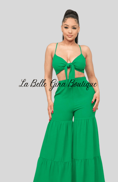 June Open Front Tie Top and Wide Flare Pants Set-Green - La Belle Gina Boutique