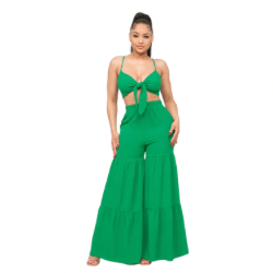 June Open Front Tie Top and Wide Flare Pants Set-Green - La Belle Gina Boutique