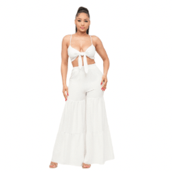 June Open Front Tie Top and Wide Flare Pants Set-White - La Belle Gina Boutique