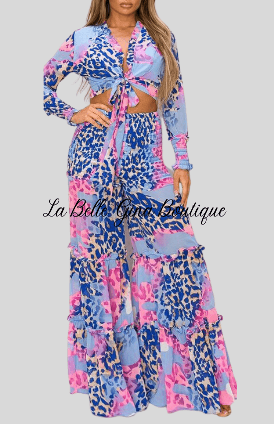 Kalisha Print Long Sleeve Top with Matching Wide Leg pants-Blue Multi - La Belle Gina Boutique