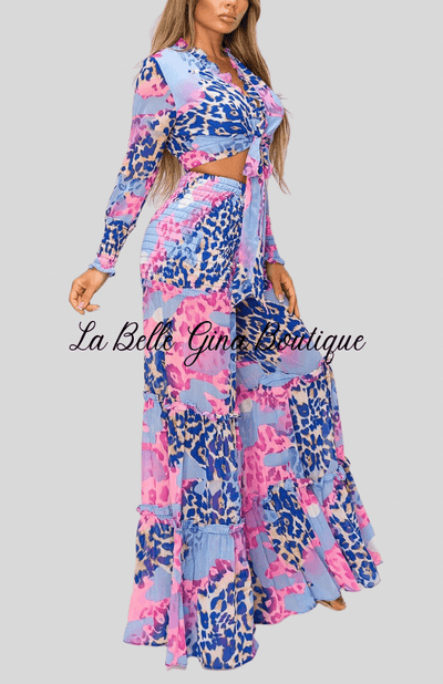 Kalisha Print Long Sleeve Top with Matching Wide Leg pants-Blue Multi - La Belle Gina Boutique