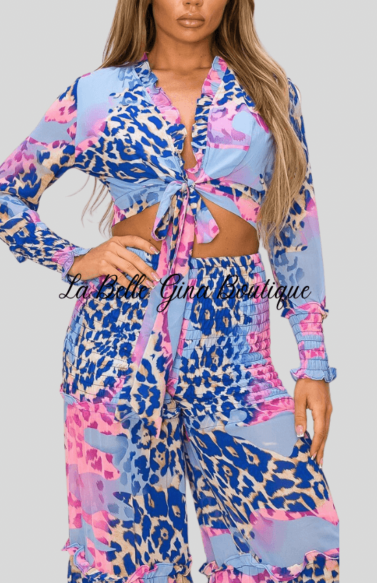 Kalisha Print Long Sleeve Top with Matching Wide Leg pants-Blue Multi - La Belle Gina Boutique