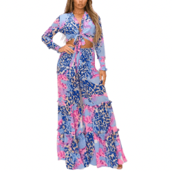 Kalisha Print Long Sleeve Top with Matching Wide Leg pants-Blue Multi - La Belle Gina Boutique