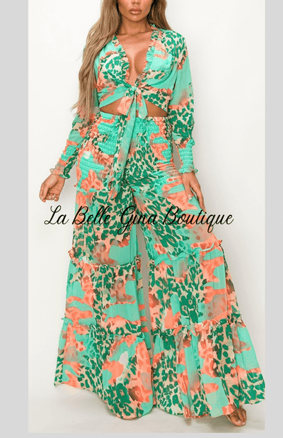 Kalisha Print Long Sleeve Top with Matching Wide Leg pants-Green Multi - La Belle Gina Boutique