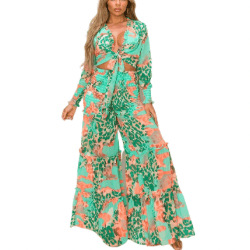 Kalisha Print Long Sleeve Top with Matching Wide Leg pants-Green Multi - La Belle Gina Boutique